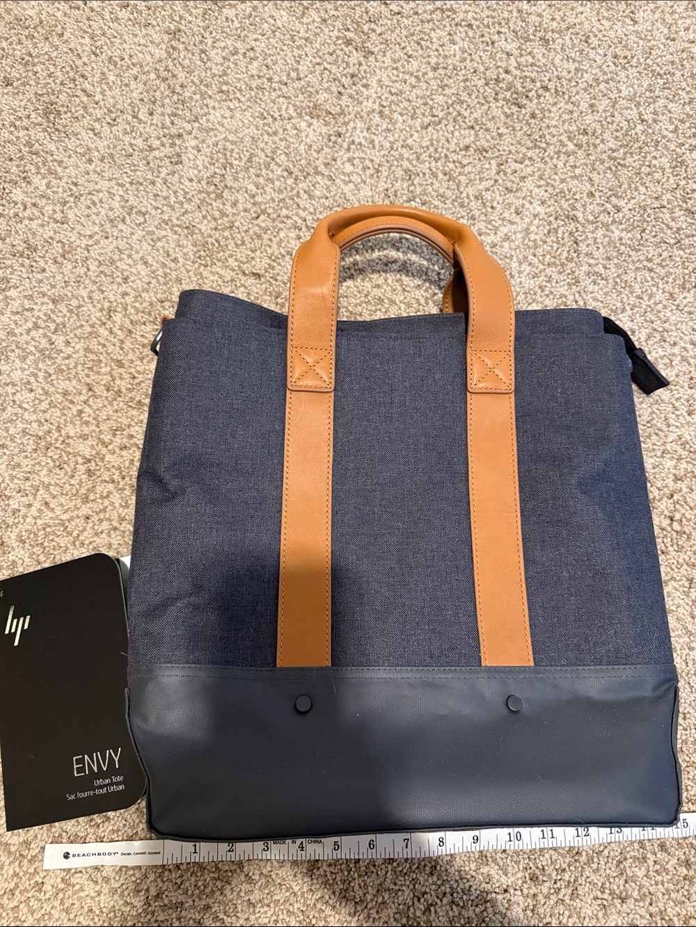 Gray and Tan Tote Bag with Leather Handles